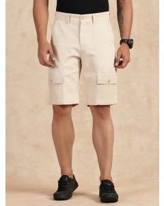 Beige Straight Fit Mid-Rise Cargo Shorts