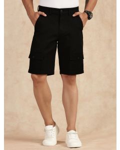 Black Straight Fit Mid-Rise Cargo Shorts