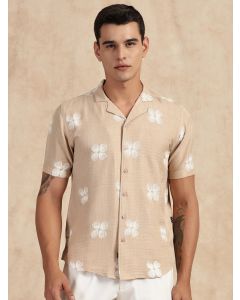 Beige Regular Fit Short Sleeves Cuban Collar Embroidered Shirt