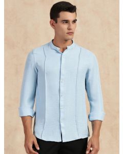 Light Blue Slim Fit Long Sleeves Mandarin Collar Textured Casual Shirt