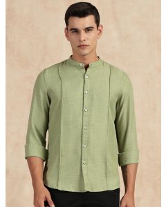 Light Green Slim Fit Long Sleeves Mandarin Collar Textured Casual Shirt