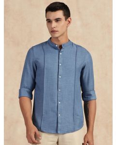 Medium Blue Slim Fit Long Sleeves Mandarin Collar Textured Casual Shirt