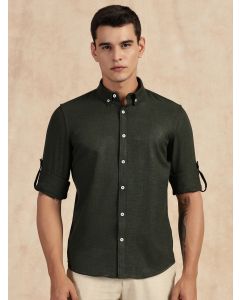 Bottle Green Slim Fit Long Sleeves Button-Down Collar Polyester Casual Shirt