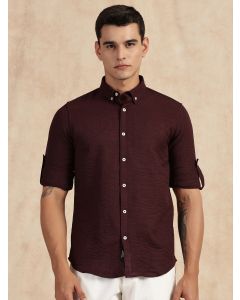 Wine Slim Fit Long Sleeves Button-Down Collar Polyester Casual Shirt