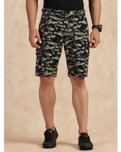Olive Regular Fit Mid Rise Camouflage Cargo Shorts