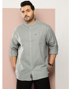 Grey Premium Plus Size Regular Fit Long Sleeves Band Collar Solid Cotton Linen Casual Shirt