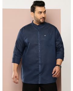 Navy Premium Plus Size Regular Fit Long Sleeves Band Collar Solid Cotton Linen Casual Shirt