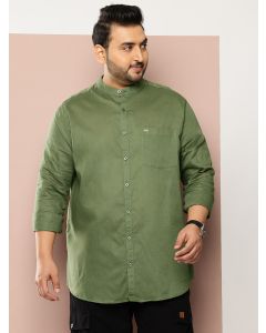 Olive Premium Plus Size Regular Fit Long Sleeves Band Collar Solid Cotton Linen Casual Shirt
