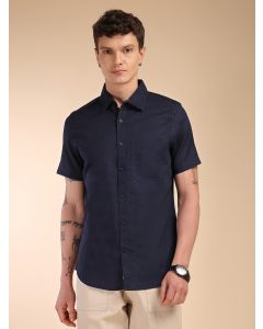 Navy Regular Fit Short Sleeves Spread Collar Linen Casual Shirt