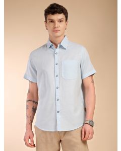 Sky Blue Regular Fit Short Sleeves Spread Collar Linen Casual Shirt