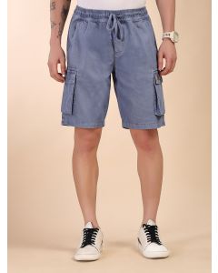 Blue Mid-Rise Straight Fit Above Knee Cotton Woven Cargo Shorts