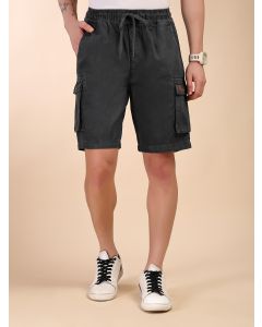 Grey Mid-Rise Straight Fit Above Knee Cotton Woven Cargo Shorts