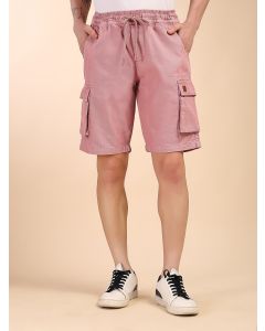 Pink Mid-Rise Straight Fit Above Knee Cotton Woven Cargo Shorts