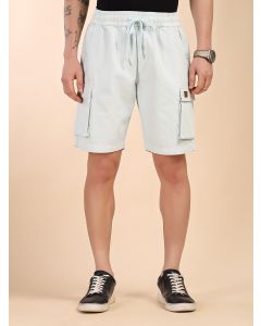 Sky Blue Mid-Rise Straight Fit Above Knee Cotton Woven Cargo Shorts