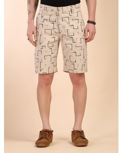 Beige Mid-Rise Regular Fit Geometric Print Cotton Woven Chinos Shorts
