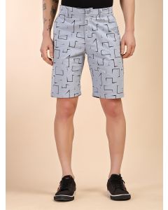 Blue Mid-Rise Regular Fit Geometric Print Cotton Woven Chinos Shorts