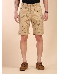Khaki Mid-Rise Regular Fit Geometric Print Cotton Woven Chinos Shorts