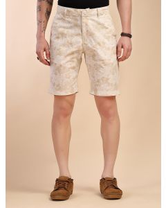 Beige Mid-Rise Regular Fit Floral Print Cotton Woven Chinos Shorts