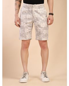 Grey Mid-Rise Regular Fit Floral Print Cotton Woven Chinos Shorts