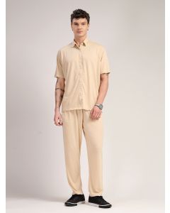 Beige Relaxed Fit Solid Polyester Co-Ord Set