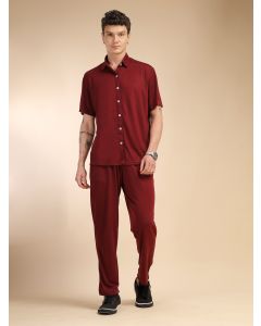 Wine Relaxed Fit Solid Polyester Co-Ord Set