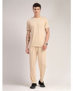 Beige Round Neck Relaxed Fit Solid Polyester Co-Ord Set
