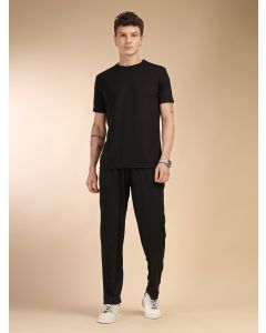 Black Round Neck Relaxed Fit Solid Polyester Co-Ord Set