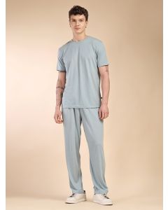 Blue Round Neck Relaxed Fit Solid Polyester Co-Ord Set