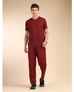 Wine Round Neck Relaxed Fit Solid Polyester Co-Ord Set