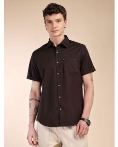 Coffee Slim Fit Short Sleeves Spread Collar Solid Casual Shirt
