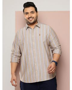 Beige Plus Size Regular Fit Long Sleeves Spread Collar 100% Cotton Oxford Casual Shirt
