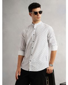 White Slim Fit Long Sleeves Geometric Printed Mandarin Collar Cotton Linen Casual Shirt