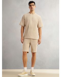 Beige Cordery Checks Polyester Knitted Co-Ord Sets With Short Sleeves & Round Neck