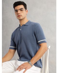 Blue Regular Fit Short Sleeves Self Design 100% Cotton Polo Collar Knitted Tshirt