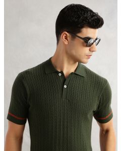 Olive Regular Fit Short Sleeves Self Design 100% Cotton Polo Collar Knitted Tshirt
