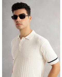 White Regular Fit Short Sleeves Self Design 100% Cotton Polo Collar Knitted Tshirt