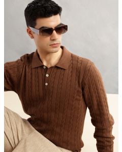 Brown Regular Fit Long Sleeves Self Design 100% Cotton Polo Collar Knitted Tshirt