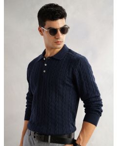Navy Regular Fit Long Sleeves Self Design 100% Cotton Polo Collar Knitted Tshirt