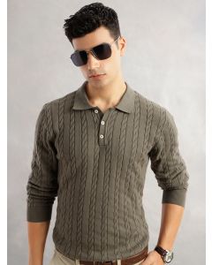 Olive Regular Fit Long Sleeves Self Design 100% Cotton Polo Collar Knitted Tshirt