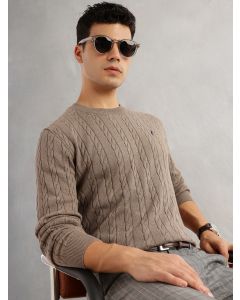 Beige Regular Fit Long Sleeves Round Neck Self Design 100% Cotton Cable Knitted Pullover Sweater