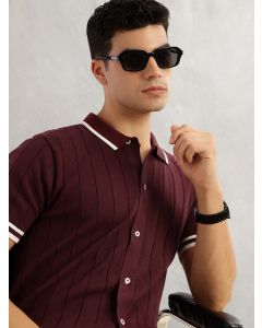 Maroon Regular Fit Short Sleeves Striped 100% Cotton Knitted Cardigan Sweater