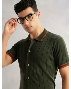 Olive Regular Fit Short Sleeves Striped 100% Cotton Knitted Cardigan Sweater