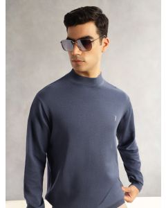 Navy Regular Fit Long Sleeves Turtle Neck 100% Cotton Solid Knitted Pullover Sweater