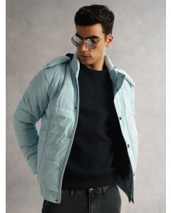 SkyBlue Regular Fit Long Sleeves 2 Pockets Polyester Knitted Hooded Puffer Jacket