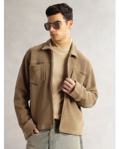 Beige Regular Fit Long Sleeves Solid Polyester Knitted Open-Front Jacket