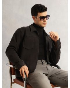 Black Regular Fit Long Sleeves Solid Polyester Knitted Open-Front Jacket