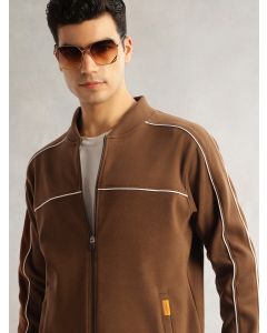 Brown Regular Fit Long Sleeves Mandarin Collar Solid Polyester Knitted Bomber Jacket