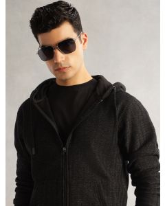 Black Regular Fit Long Sleeves 2 Pockets Front-Open Knitted Hooded Sweatshirt