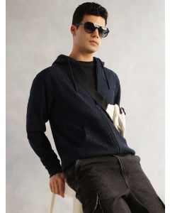 Navy Regular Fit Long Sleeves 2 Pockets Front-Open Knitted Hooded Sweatshirt