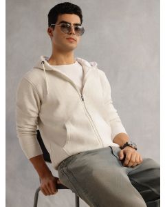 White Regular Fit Long Sleeves 2 Pockets Front-Open Knitted Hooded Sweatshirt